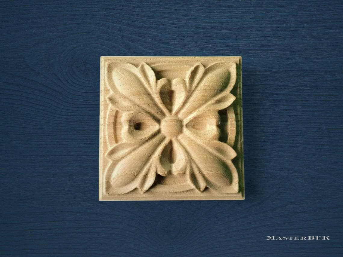 Classic Carved Wood Rosette – Square Decorative Onlay, 1pc, Unpainted, Furniture or Wall Applique
