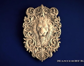 Majestic Lion Head Wood Onlay – Vertical Carved Applique, Baroque Wall or Furniture Decor,