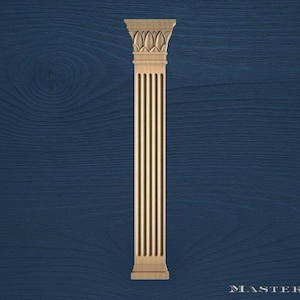 May include: A detailed, light brown, fluted column with a decorative capital. The column has vertical grooves and a detailed floral design at the top. The background is a dark blue wood grain.