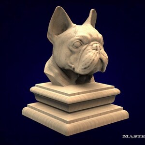 Remate de madera de bulldog francés: busto de perro sin pintar para poste de escalera o parte superior del marco de la cama