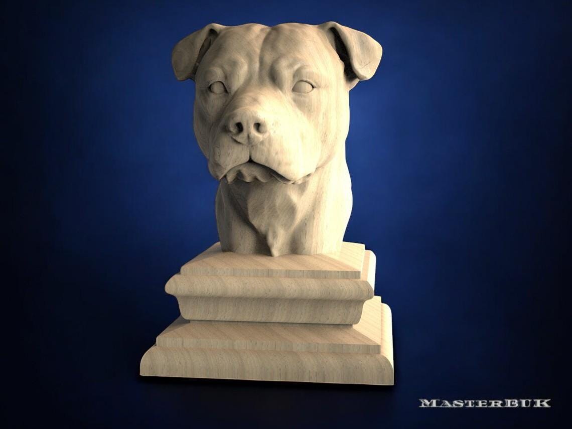Pitbull Dog Bust Finial – Carved Wooden Newel Post Cap, Bedpost