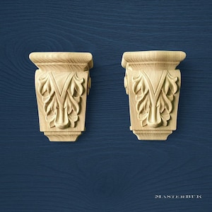 Set of 2 Carved Wood Corbels, Decorative Antique Shelf Brackets, Unpainted Cornice Corbels, Classic Wooden Entablature Supports