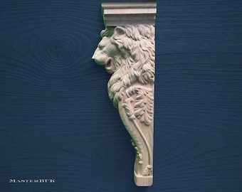 Wood Lion Carved Corbel, Regal Lion Wall Bracket, Classic Decorative Wood Accent, Architectural Wall Decor, Unpainted Wooden Ornament
