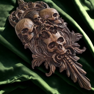 Carved Skull panel made of wood, carved skull of wood
