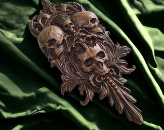 Carved Skull panel made of wood, carved skull of wood