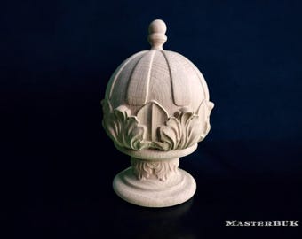 Puntale decorativo in legno architettonico – Dettaglio foglia d'acanto, legno non verniciato, puntale per montante di scala, puntale per asta per tende