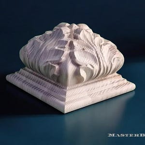 Carved Wooden Square Post Finial – Acanthus Leaf Design, Staircase Newel Post Cap, Bedpost Topper, Unpainted
