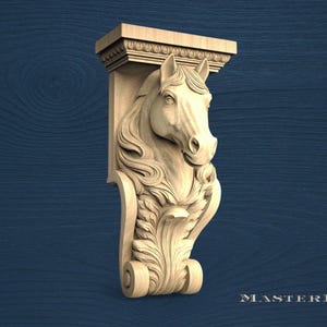 A carved wooden horse head mounted on a wooden shelf against a blue background.