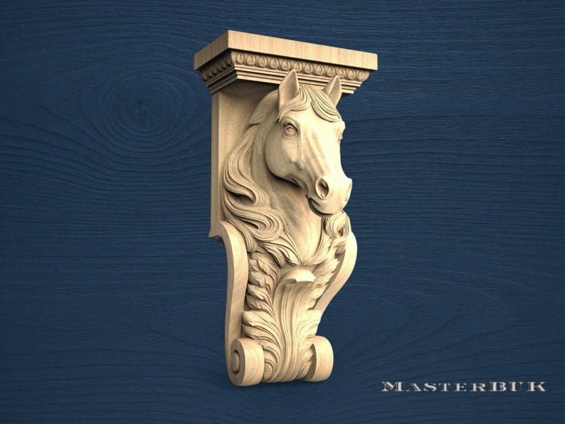 A carved wooden horse head mounted on a wooden shelf against a blue background.