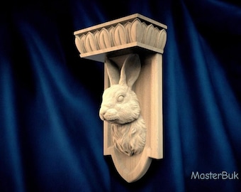 Rabbit Head Wood Corbel – Animal Wall Bracket, Rustic Bunny Shelf Accent, Unpainted, Rabbit Wall Bracket, Animal Shelf Accent,