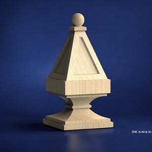 May include: A wooden finial with a square base and a pyramid-shaped top. The finial has a ball on top and is made of light wood.
