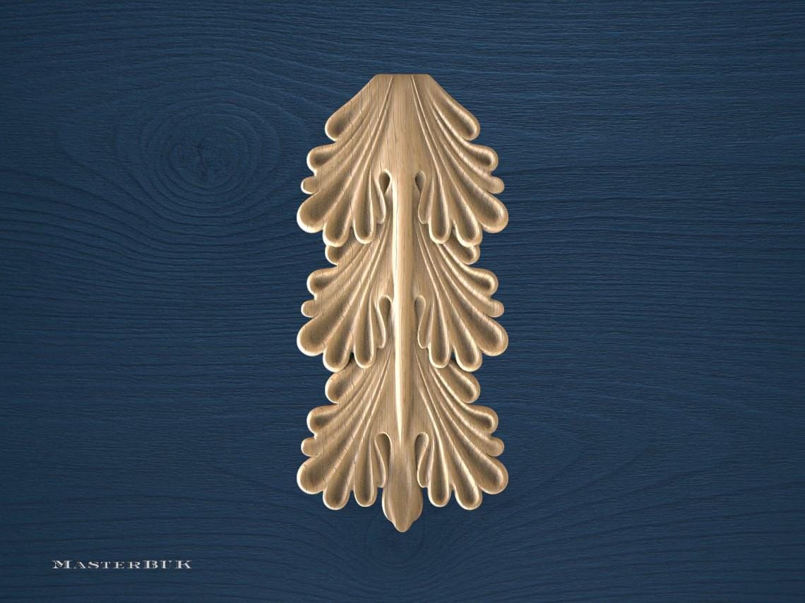 Acanthus Leaf Wood Onlay, Carved Furniture Applique, Unpainted Decorative Drop Ornament, Classic Wooden Wall or Cabinet Embellishment