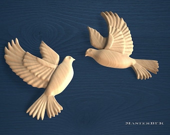 Wooden Doves Wall Decor Set of 2, Unfinished Carved Bird Appliques, Peace Dove Symbol for Wedding, Church, or Rustic Home Decoration
