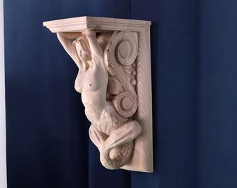 mermaid corbel, wood bracket, carved mermaid, wall embellishment, artistic decor, home accent