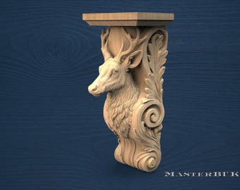 Wooden Support Bracket with Deer Figure, Wood Carved deer Corbel, Unpainted Wooden Bracket, deer Corbel made of wood, Carved Wooden Corbel