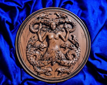 Gorgon Medusa, Griekse mythologie, houtsnijwerk