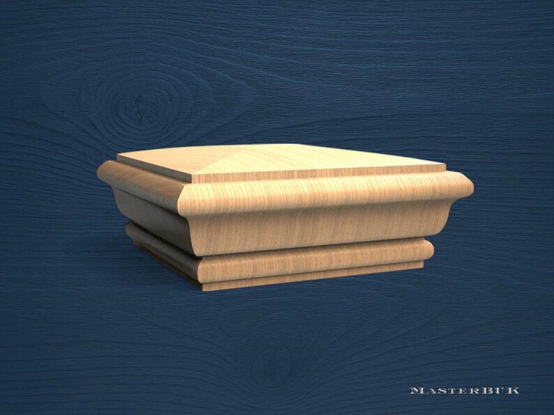 Remate cuadrado para poste de escalera: remate clásico de madera para barandillas o postes de cama, remate de madera sin pintar, cubierta decorativa para poste. imagen 4
