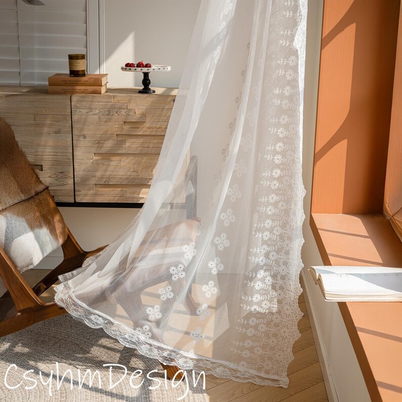 52in/132cm Wide, White Sheer Embroidered Lace Curtains Panels, Vintage