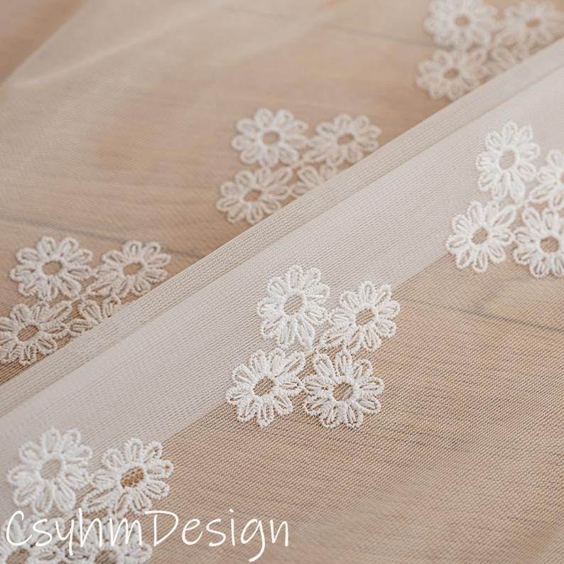 52in/132cm Wide, White Sheer Embroidered Lace Curtains Panels, Vintage