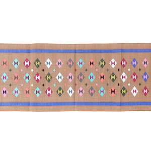Handmade Cotton Dhurrie Rug: Tan & White Striped Indian Flat Weave