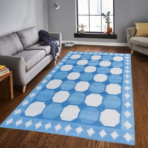 Handmade Cotton Dhurrie Rug: Blue & White Checked Flatweave