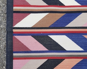 手織りコットンキリムラグ：カラフルな幾何学模様のダリー、2 x 3