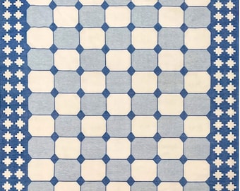 Custom Modern Handmade Cotton Area Rug Natural Vegetable Dyed Blue White Checked Indian Dhurrie Reversible Geometric Eco Friendly Rugs