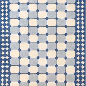 Custom Modern Handmade Cotton Area Rug Natural Vegetable Dyed Blue White Checked Indian Dhurrie Reversible Geometric Eco Friendly Rugs