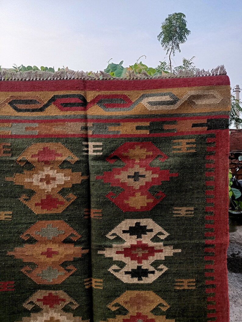 Hand Made Jute Kilim Rug For Living-Room Bed-Room shops Flatweave Indian Dhurries Rugs Wool Jute Floor Rug Large 4.X5 Feet