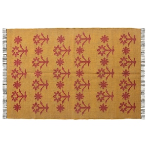 Handwoven Yellow Wool Jute Kilim Rug: Reversible Floral Dhurrie (4x6)