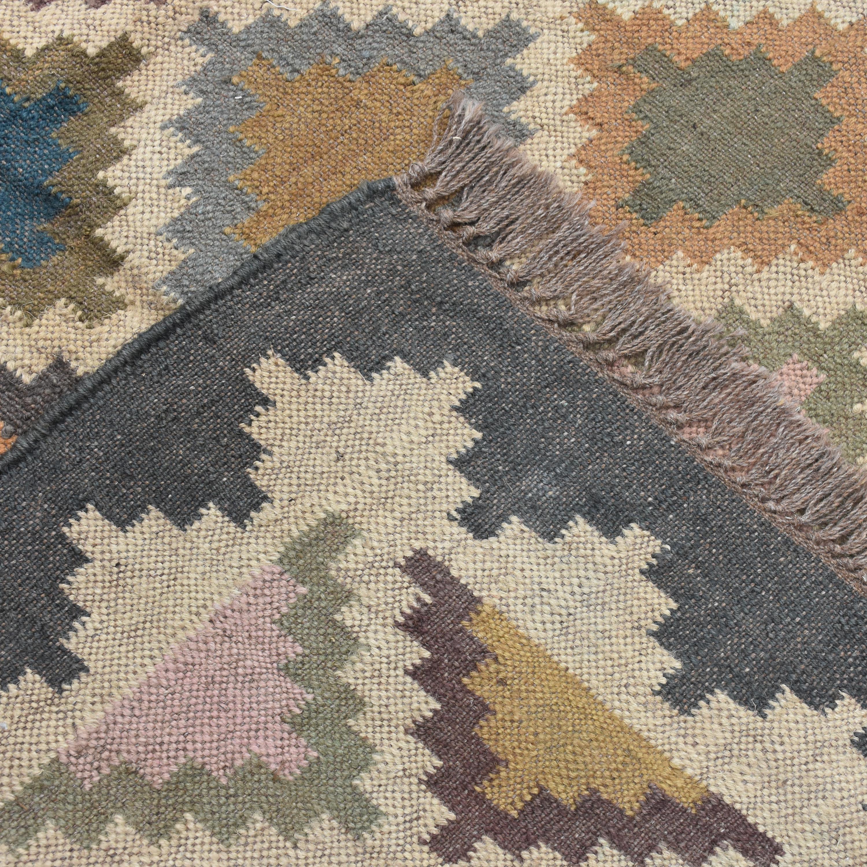 Handwoven Wool Jute Kilim Rug: Grey Geometric Dhurrie, 4x6