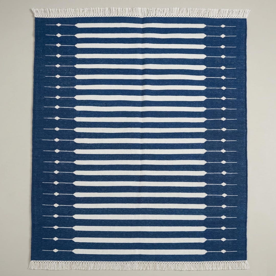 Blue and off White Striped Cotton Dhurrie Rug: Handmade Flat Weave ...
