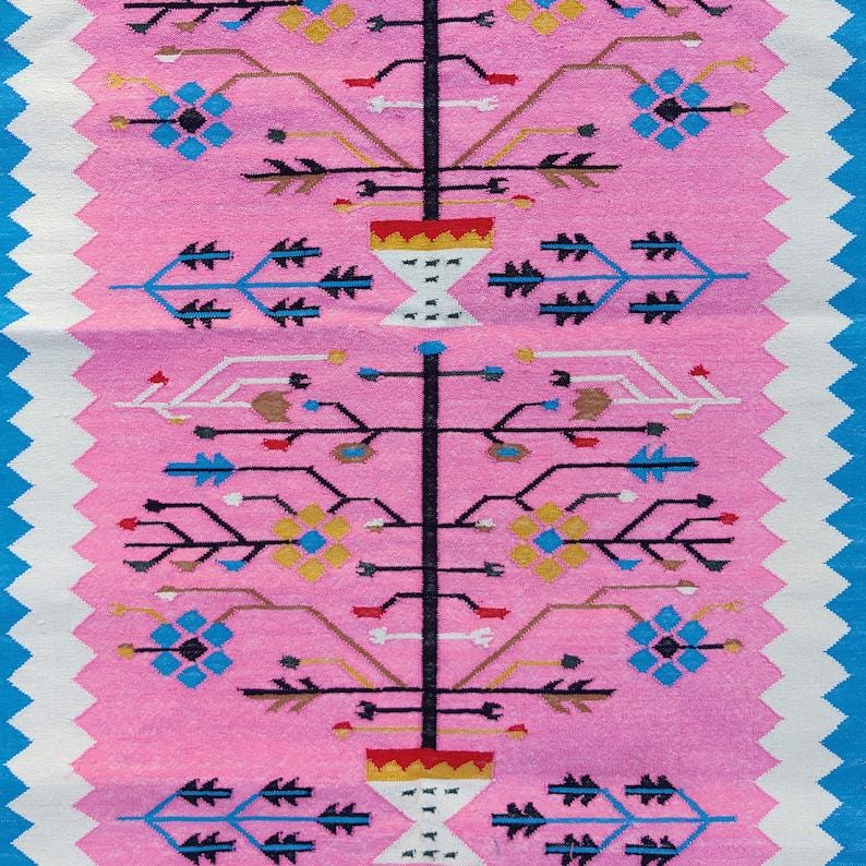 4x6 Ft Pink and Blue Cotton Dhurrie Rug – Handwoven Tree of Life Flat Weave Rug, Bohemian Handmade Area Rug, Indian Floor Decor