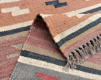 2X3 Ft Kilim Rug, Handwoven, Wool and Jute Rug Handmade, Kilim Dhurrie Rug, Oshak Rug, Traditional Indian/WOOL JUTE RUGS