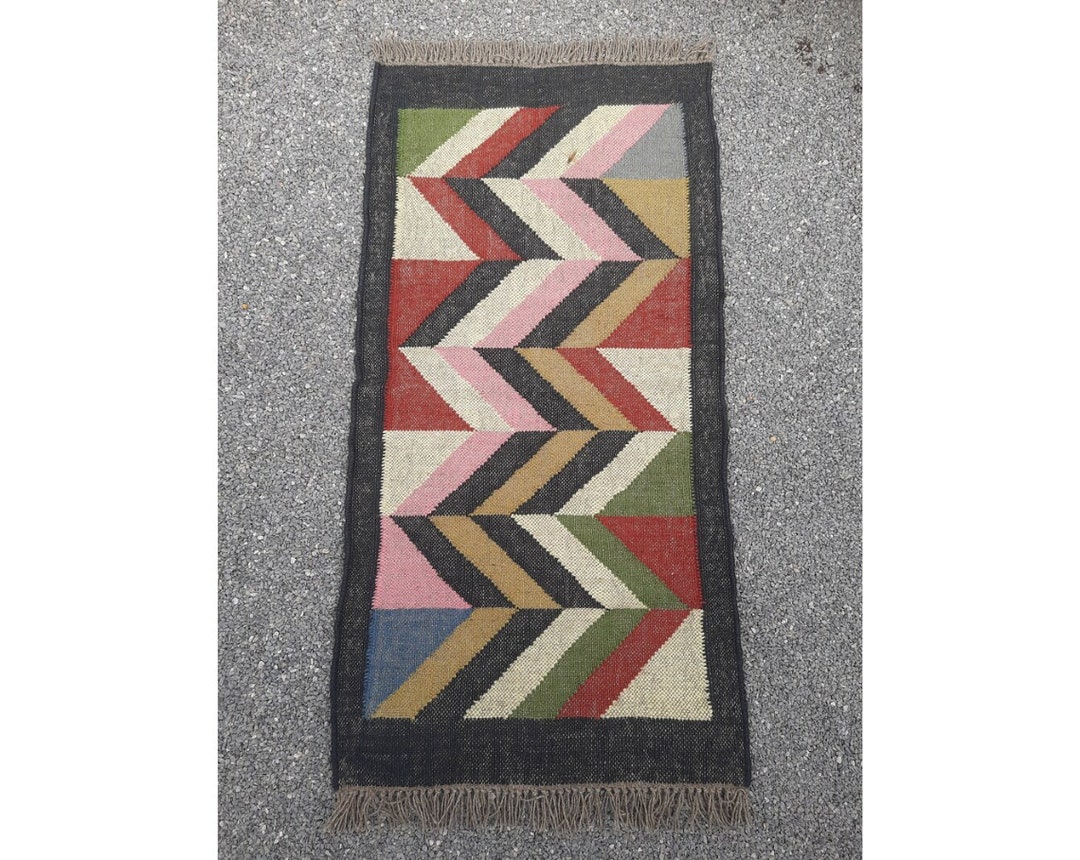 Traditional Indian Boho Kilim Rugs, Geometric, 2X5.5 Ft Kilim Rug