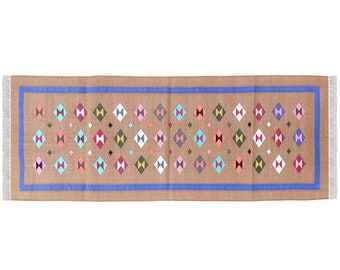 Handwoven Brown Cotton Runner Rug: Indian Dhurrie Kilim, 2x6 Ft