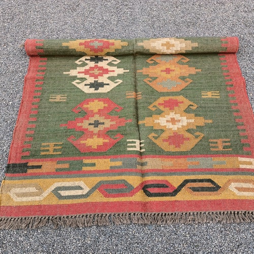 Hand Made Jute Kilim Rug For Living-Room Bed-Room shops Flatweave Indian Dhurries Rugs Wool Jute Floor Rug Large 4.X5 Feet