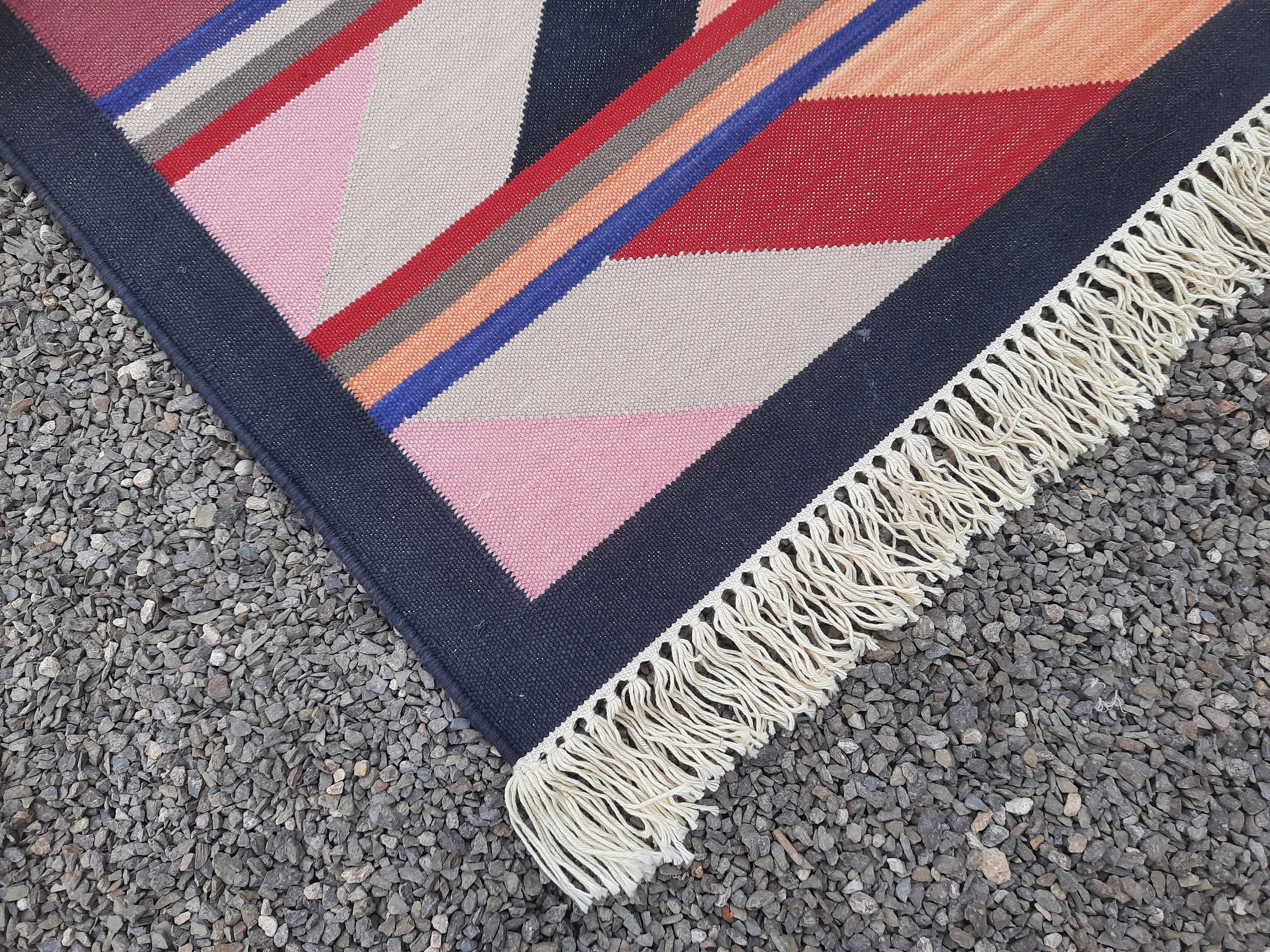 手織りコットンキリムラグ：カラフルな幾何学模様のダリー、2 x 3