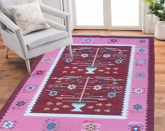 Marron and Pink Tree of Life Handwoven Cotton Dhurrie Rug 4x6 Ft – Boho Flat Weave Rug, Indian Handmade Area Carpet, Living Room Decor