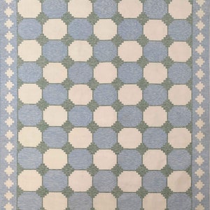 Custom Modern Handmade Cotton Area Rug Natural Vegetable Dyed Sky Blue Green Checked Indian Dhurrie Reversible Geometric Eco Friendly Rugs