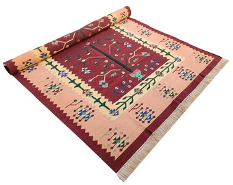 ヴィンテージ手織りコットンダリーラグ：ボヘミアンキリム平織り