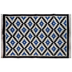 Modern Black-Blue and White Star Hand Woven Dhurrie Rug- Flat Woven Washable Indian Cotton Kilims Rugs, Floor Area Carept 3x5 Feet
