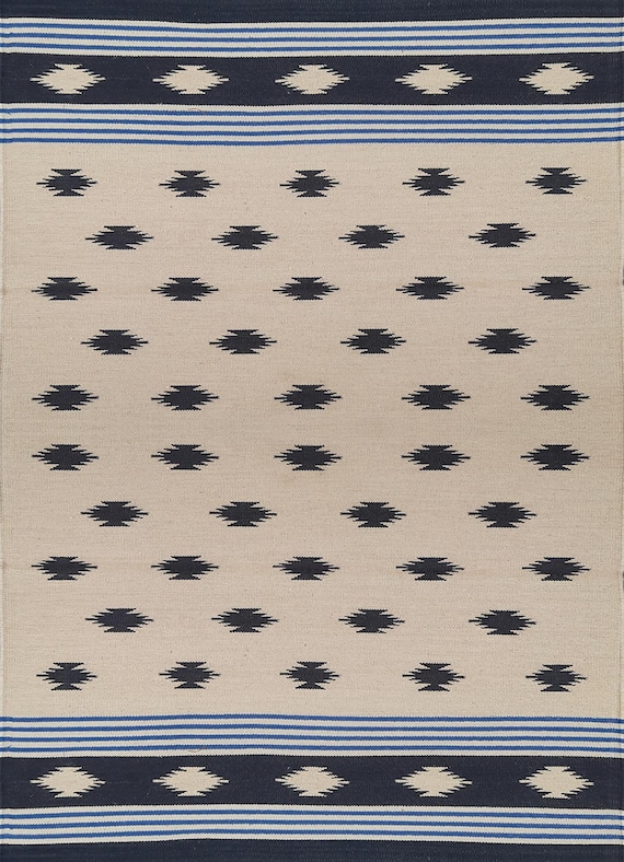 Handmade Blue & off White Geometric Star Kilim Rug: Eco-friendly