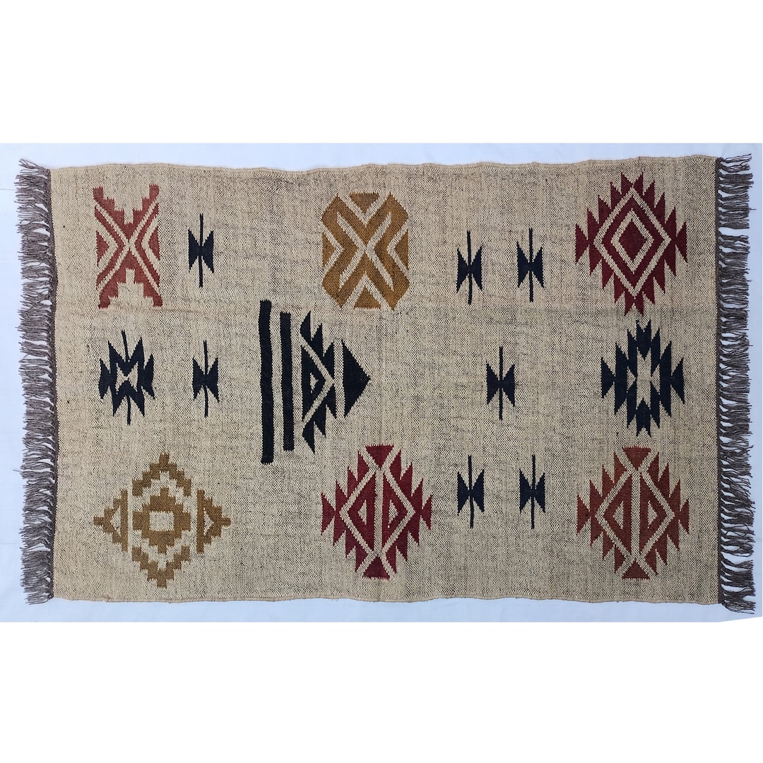 Handmade Wool and Jute Kilim, Indian Boho Twist Kilim Dhurrie