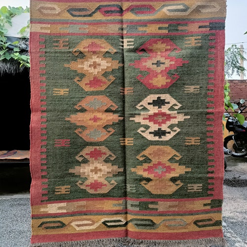Hand Made Jute Kilim Rug For Living-Room Bed-Room shops Flatweave Indian Dhurries Rugs Wool Jute Floor Rug Large 4.X5 Feet