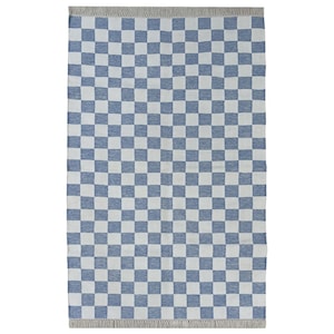 Blue And White Cotton Box Design Rug, Handmade Modern Flatweave Carpet, Handwoven Boho Kilim, Minimalist Floor Decor