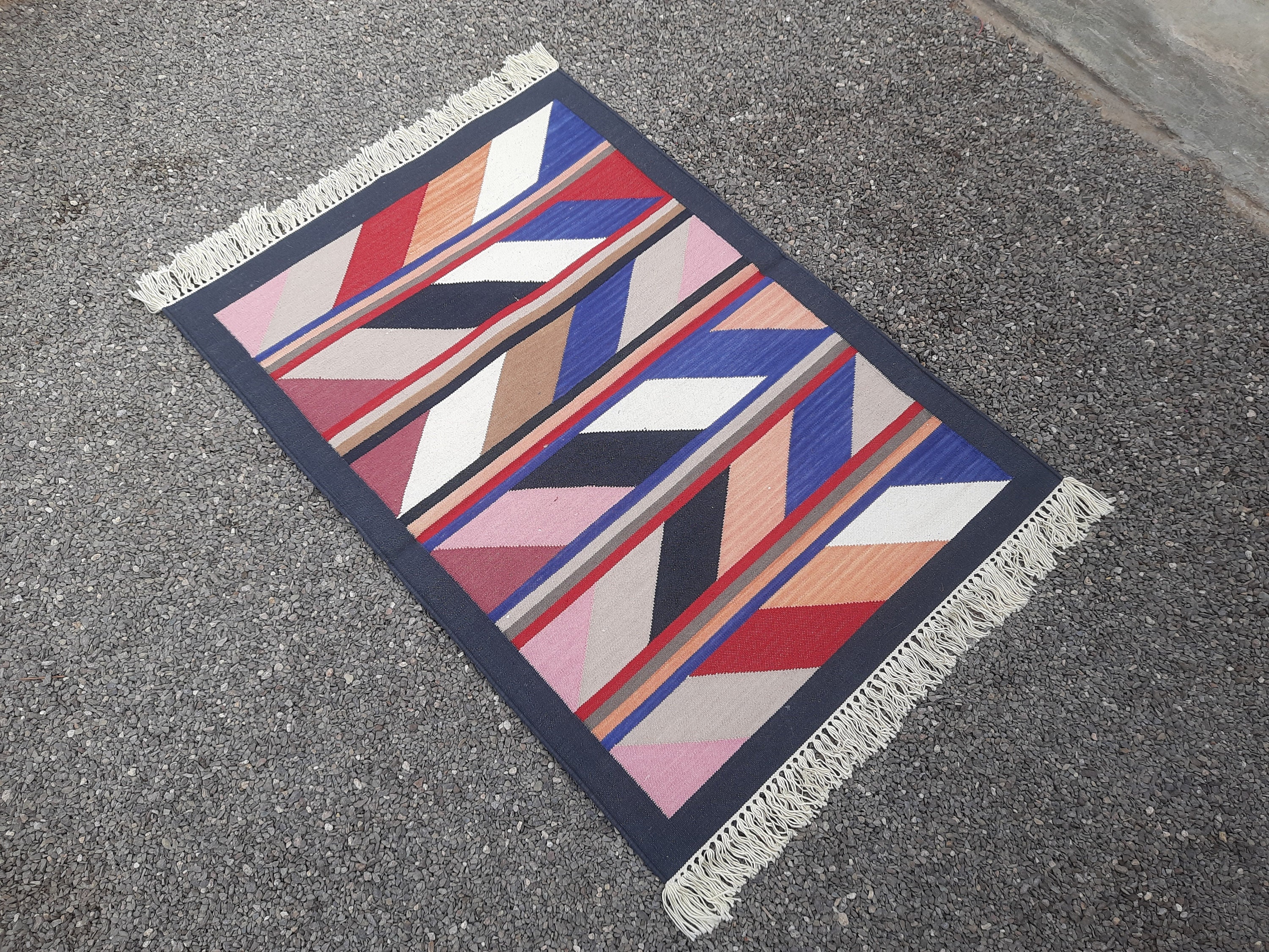 手織りコットンキリムラグ：カラフルな幾何学模様のダリー、2 x 3