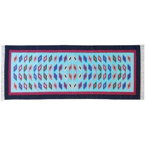 Geometric 2X6' Ft Handmade Cotton Runner Rug Bed Side Runner, Indian Dhurrie Yoga Mat Flatweave Cotton Rug Runner Kilim Dhurry Cotton Rug.