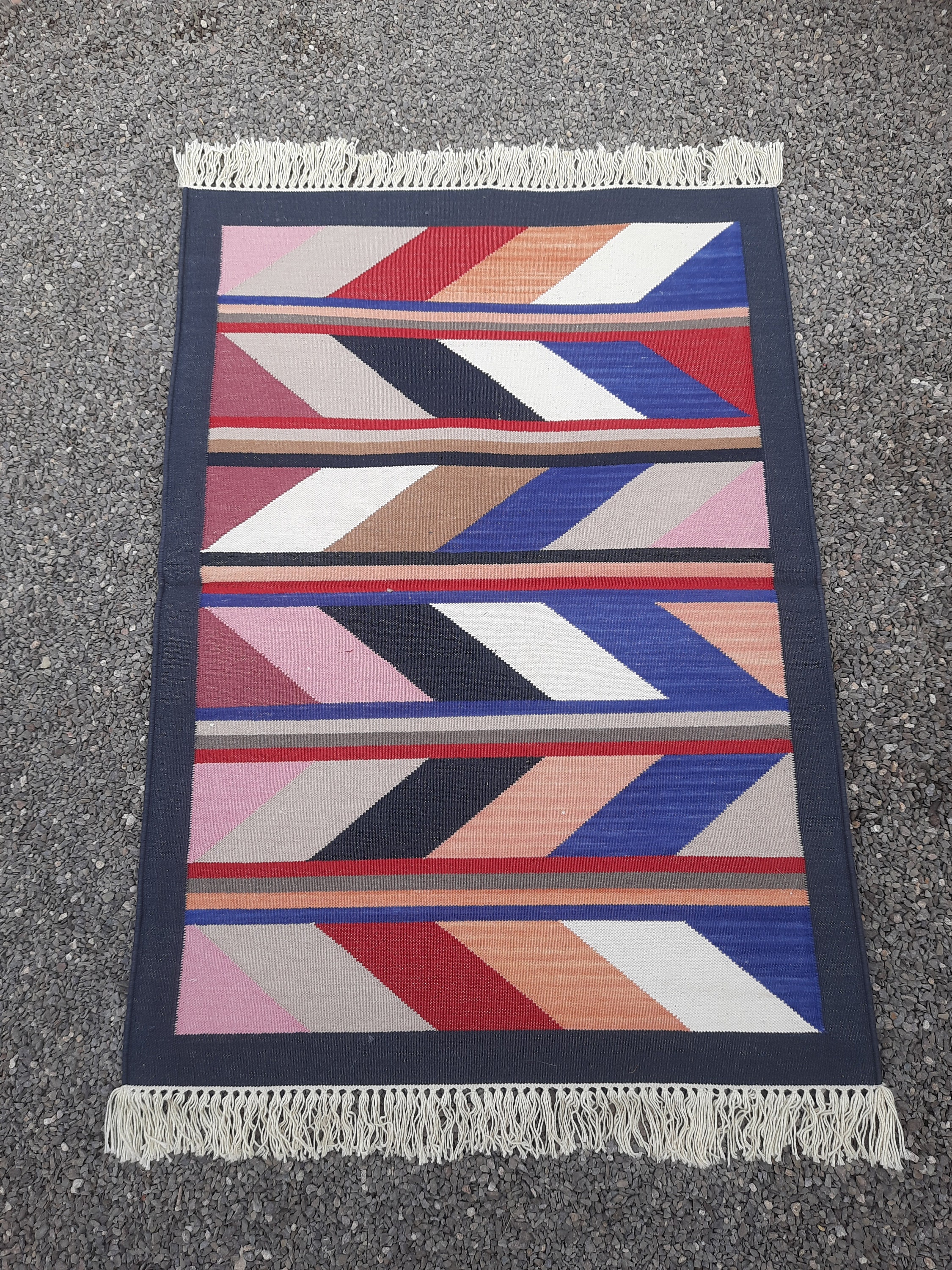 手織りコットンキリムラグ：カラフルな幾何学模様のダリー、2 x 3