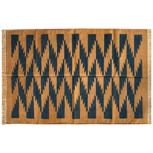 Mosterdgeelblauwe katoenen platgeweven dhurrie-vloerkleden | Hasndmade katoenen kelimtapijten | Geometrische vloerkleden | 3 x 5 katoenen tapijtkelims